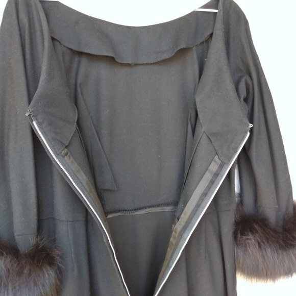 Vintage Black Dress with Fur Cuffs 38.25"B 50s 60s Retro Glamor Wide Neckline - Picture 12 of 16